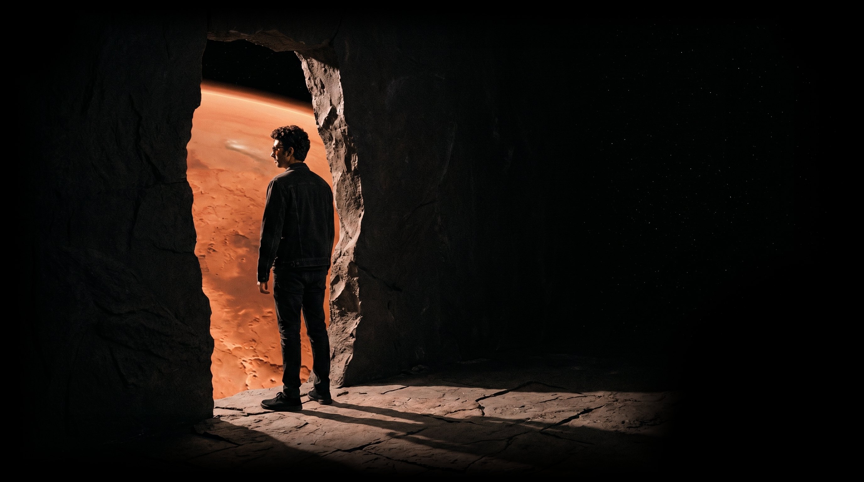 Kevin Adams looking out of a dark breach at a red planet